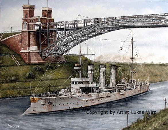 Die SMS Danzig im Kaiser Wilhelm Kanal, Levensauer Hochbrücke