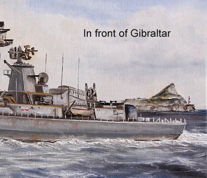 Russian submarine defense ship of the Kashin class in front of Gibraltar