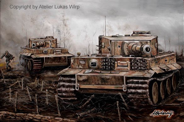 Tiger Panzer im Gefecht - Panorama Gemälde in 1,80 Meter Länge
