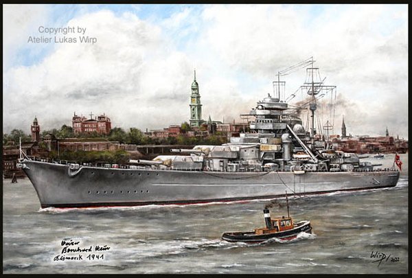 Schlachtschiff Bismarck auslaufend Hamburger Hafen