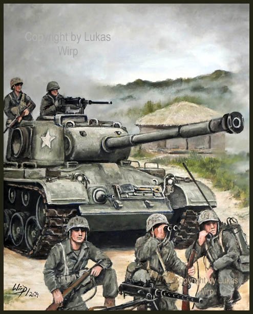 Originalgemälde US Marines mit M46 Patton tank im Korea Krieg